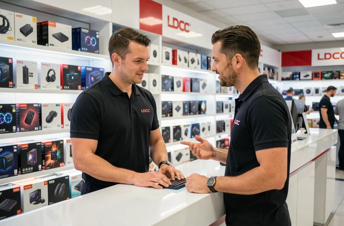 Conseiller LDLC Perpignan Sud aidant un client devant un comptoir de produits informatiques