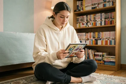 Jeune femme lisant des mangas en ligne sur une tablette dans sa chambre entourée de volumes manga