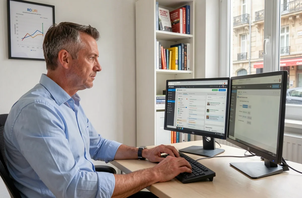 Consultant SEO et création WordPress de l'agence Les Mots-Clés R.O.I. à Tours devant ses écrans d'analyse