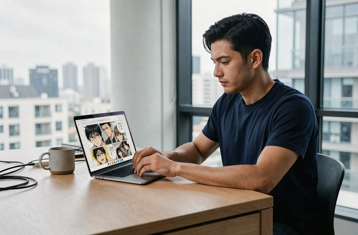 Homme adulte lisant des mangas en ligne sur un ordinateur portable à son bureau moderne en appartement