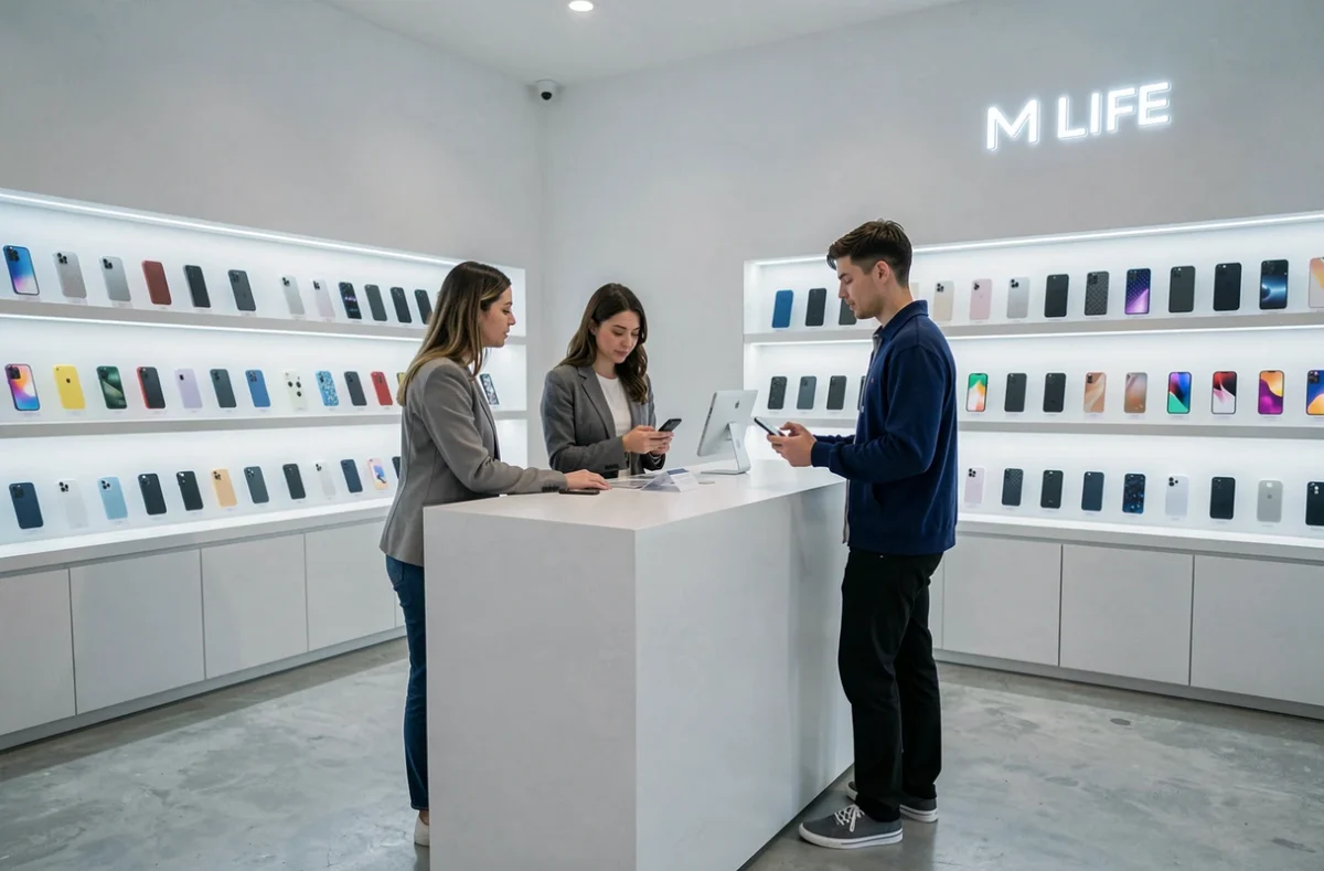 Conseillère de la boutique M LIFE présentant un smartphone à des clients dans un espace retail moderne