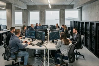 Équipe de techniciens informatiques dans un bureau moderne en Bretagne, entourés d'ordinateurs et d'équipements réseau