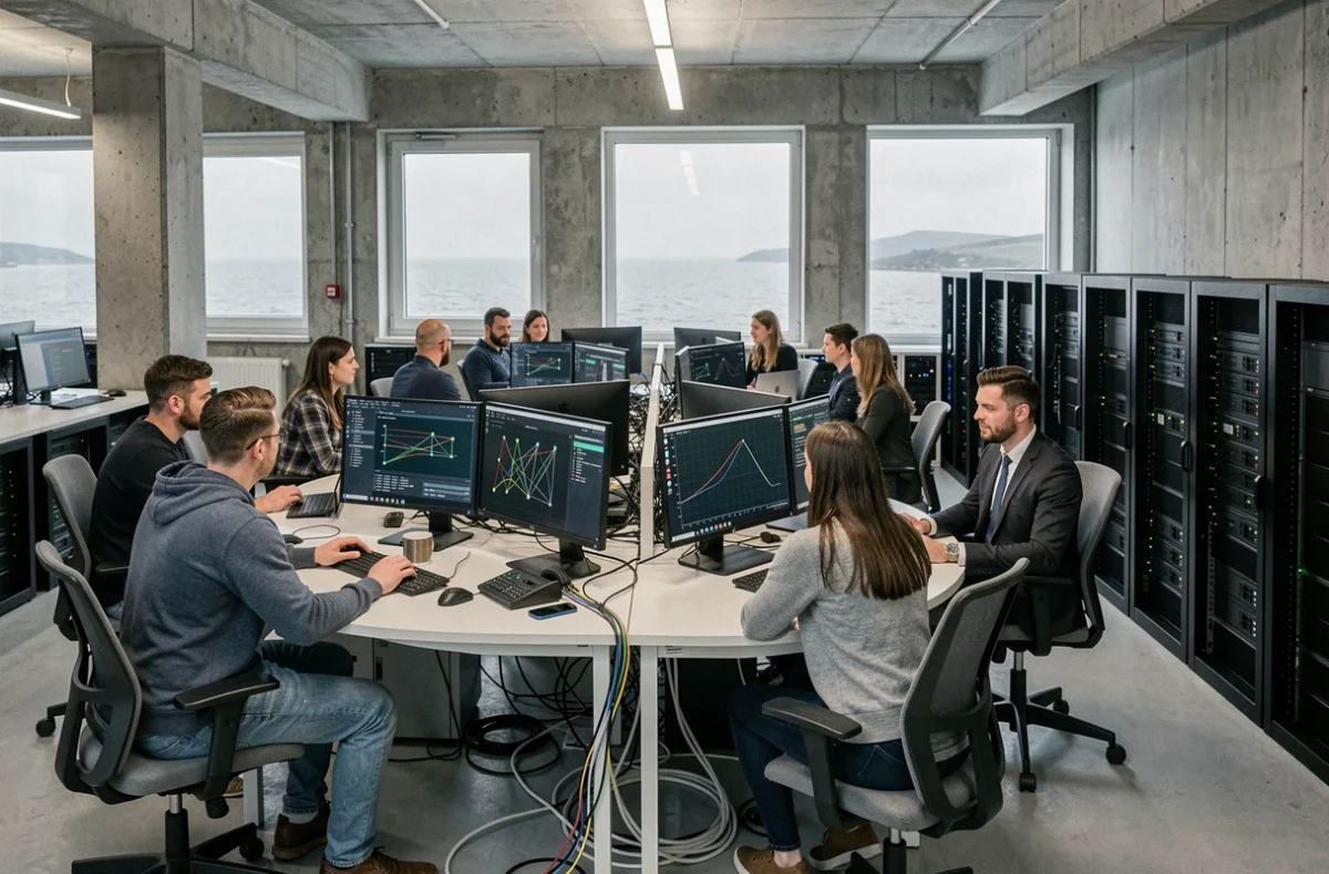 Équipe de techniciens informatiques dans un bureau moderne en Bretagne, entourés d'ordinateurs et d'équipements réseau