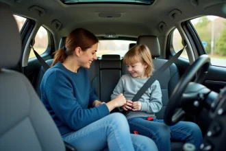 Maman souriante aidant son enfant à attacher sa ceinture en voiture