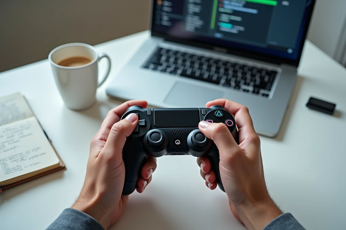 Manette PS4 DualShock 4 connectée à un PC portable avec logiciel de remapping pour configuration FPS