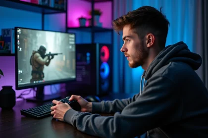 Joueur tenant une manette Switch Pro connectée en USB à un PC pour jouer à un FPS avec précision