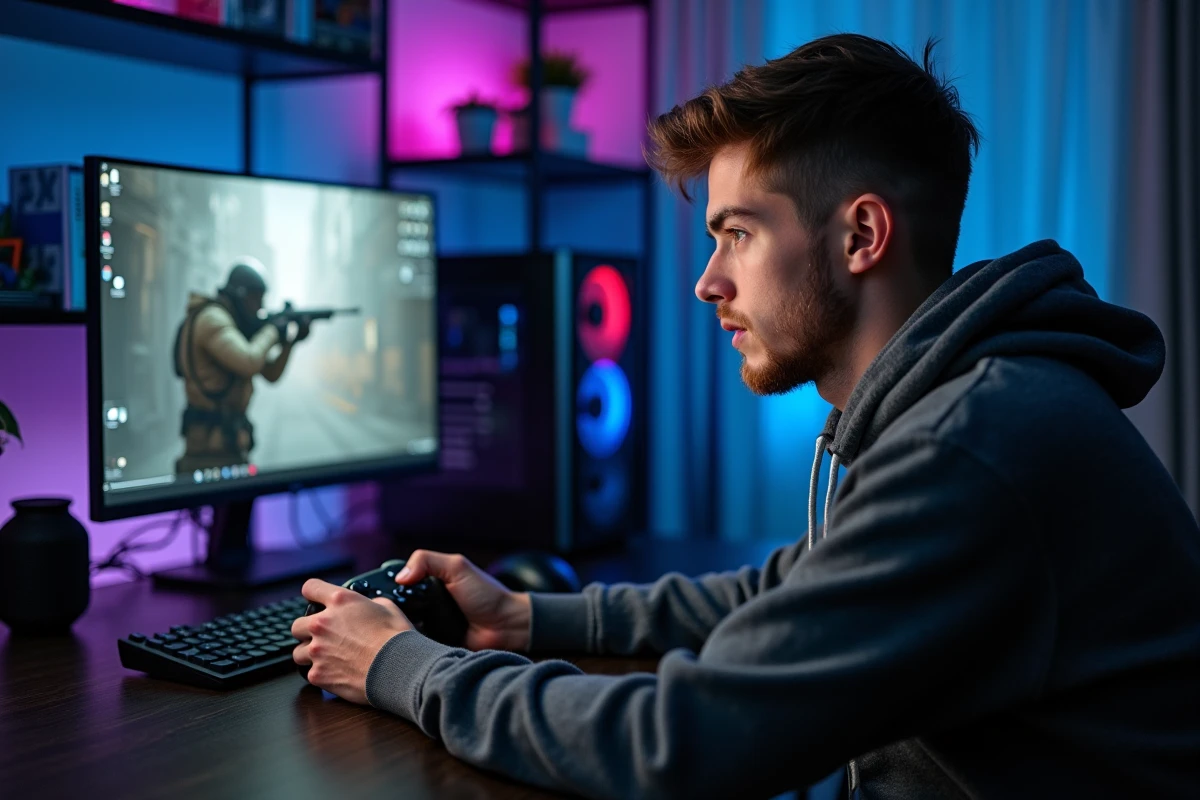 Joueur tenant une manette Switch Pro connectée en USB à un PC pour jouer à un FPS avec précision