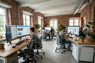 Vue d'ensemble d'une agence web moderne dans la Marne avec des professionnels travaillant sur des projets WordPress