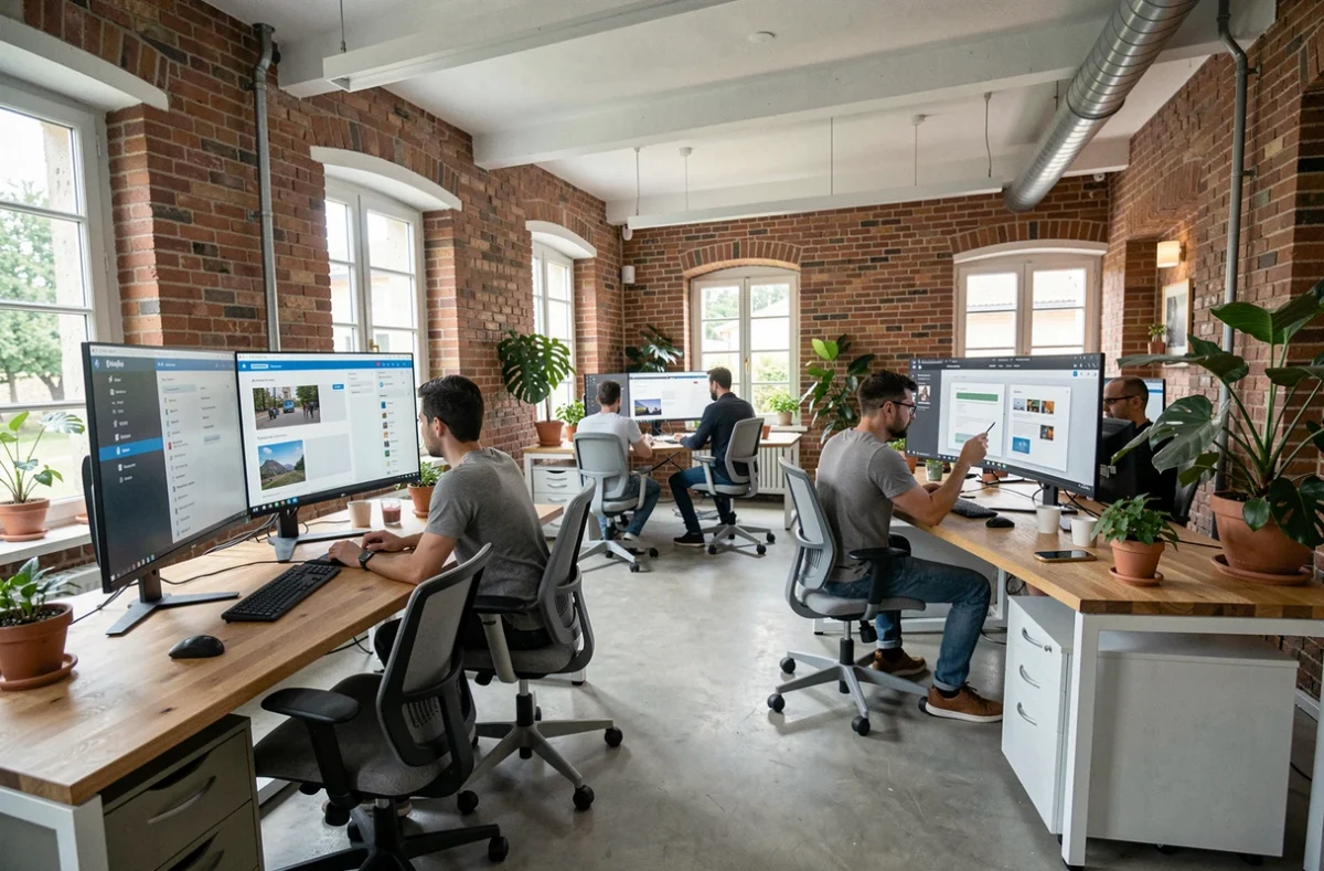 Vue d'ensemble d'une agence web moderne dans la Marne avec des professionnels travaillant sur des projets WordPress