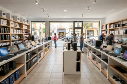 Vue intérieure d'un grand magasin d'informatique en Occitanie avec des rayons de laptops et d'accessoires