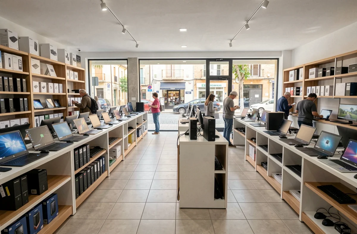 Vue intérieure d'un grand magasin d'informatique en Occitanie avec des rayons de laptops et d'accessoires