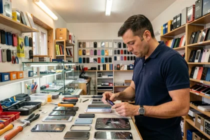 Atelier de réparation de smartphones en Vendée avec technicien au travail sur un téléphone endommagé