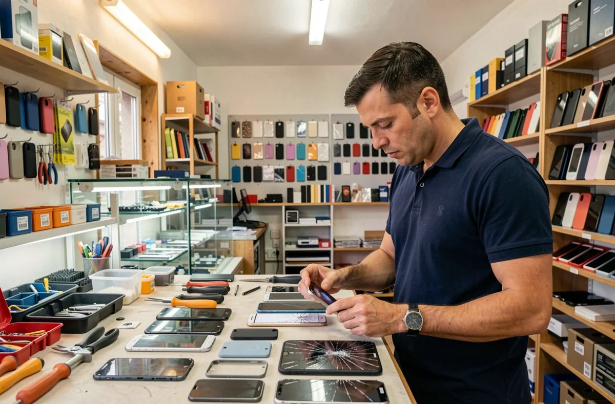 Atelier de réparation de smartphones en Vendée avec technicien au travail sur un téléphone endommagé