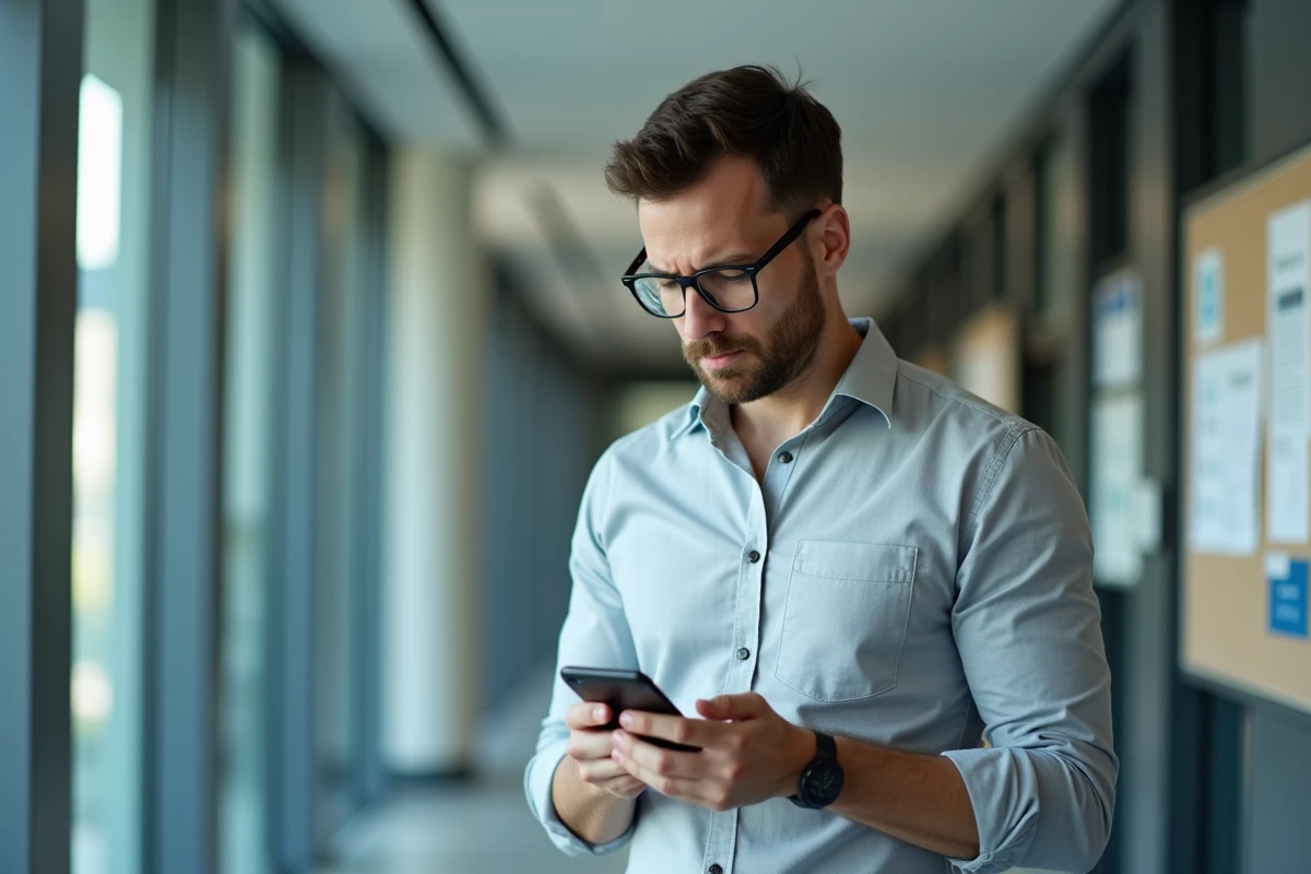 Professeur consultant une boîte mail académique vide sur smartphone dans un couloir d'université de Nantes