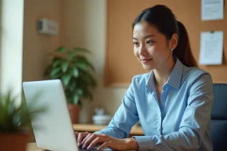 Femme utilisant une messagerie académique sécurisée sur ordinateur portable dans un bureau universitaire