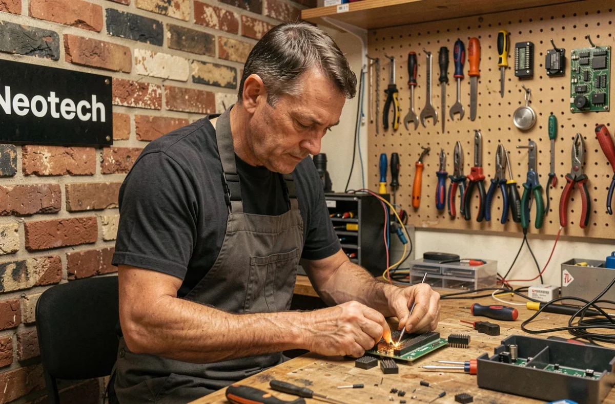 Technicien Neotech travaillant sur des composants électroniques dans un atelier de réparation informatique