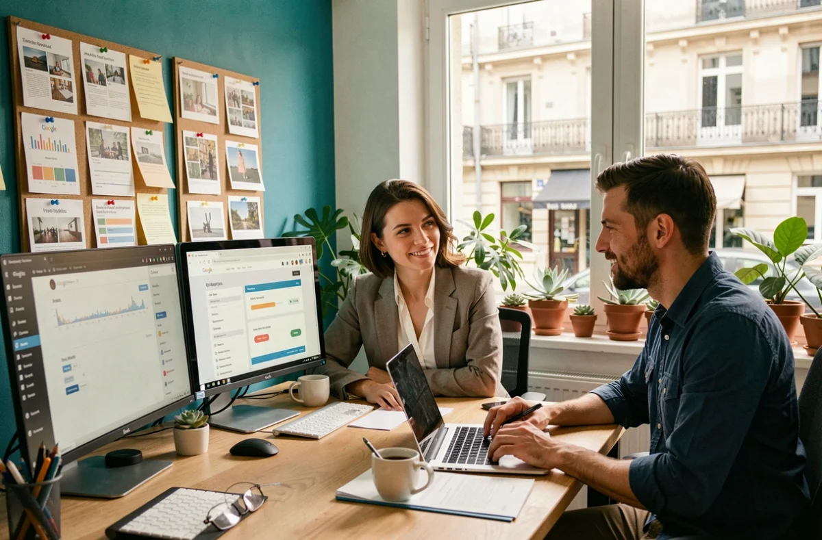 Équipe Newp, agence web et marketing digital, analysant une campagne numérique et un site WordPress dans leur studio créatif
