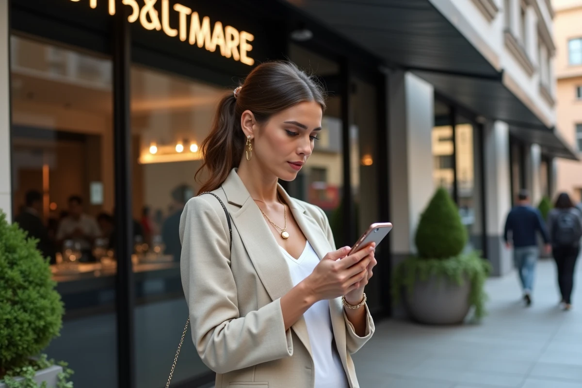 Femme consultant son smartphone devant une nouvelle adresse de restaurant tendance en 2026, façade moderne en verre et béton