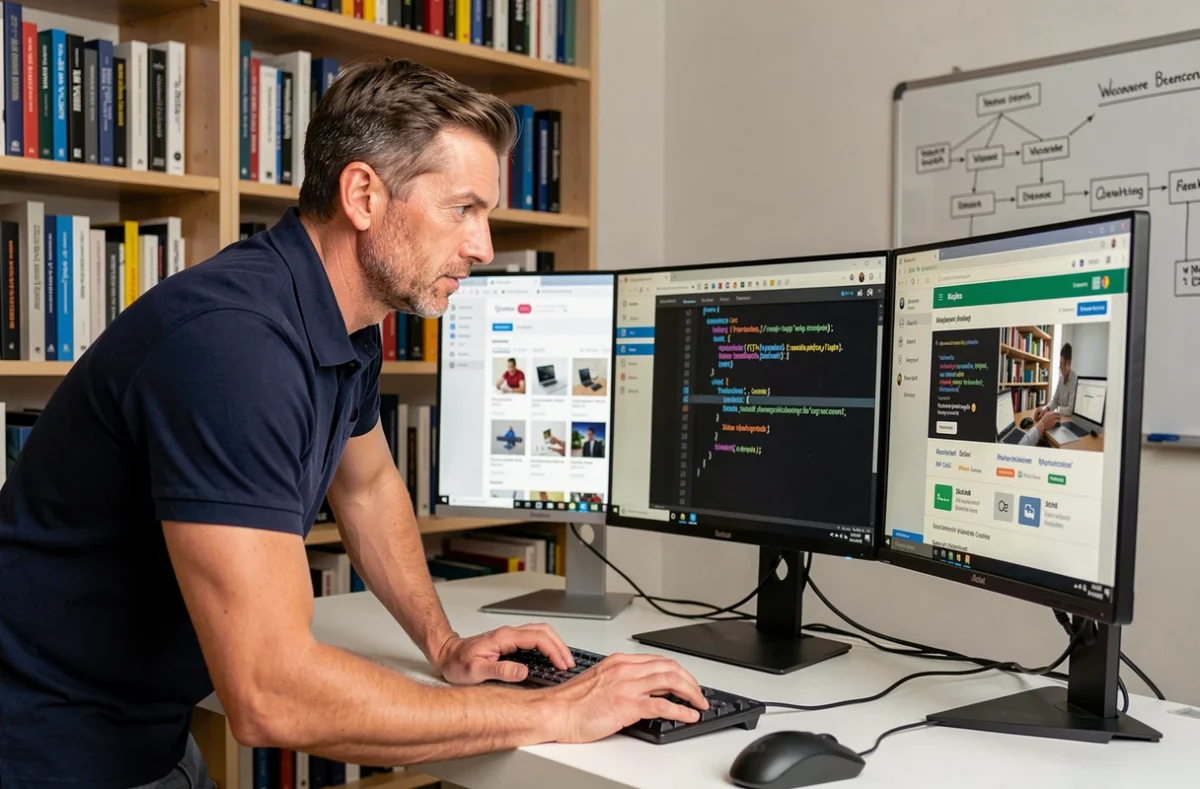 Spécialiste WordPress et WooCommerce de P3X devant ses écrans de développement e-commerce dans son bureau