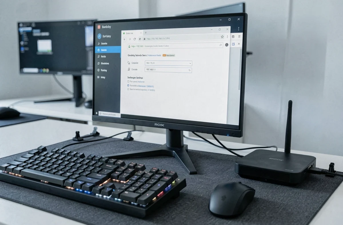 Écran d'ordinateur affichant la page de paramètres de sécurité d'un routeur via l'adresse http://192.168.1.1 sur un bureau de travail minimaliste avec routeur ethernet