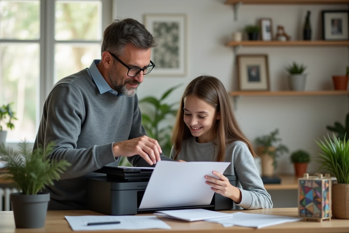 Père et fille scannant des papiers à la maison