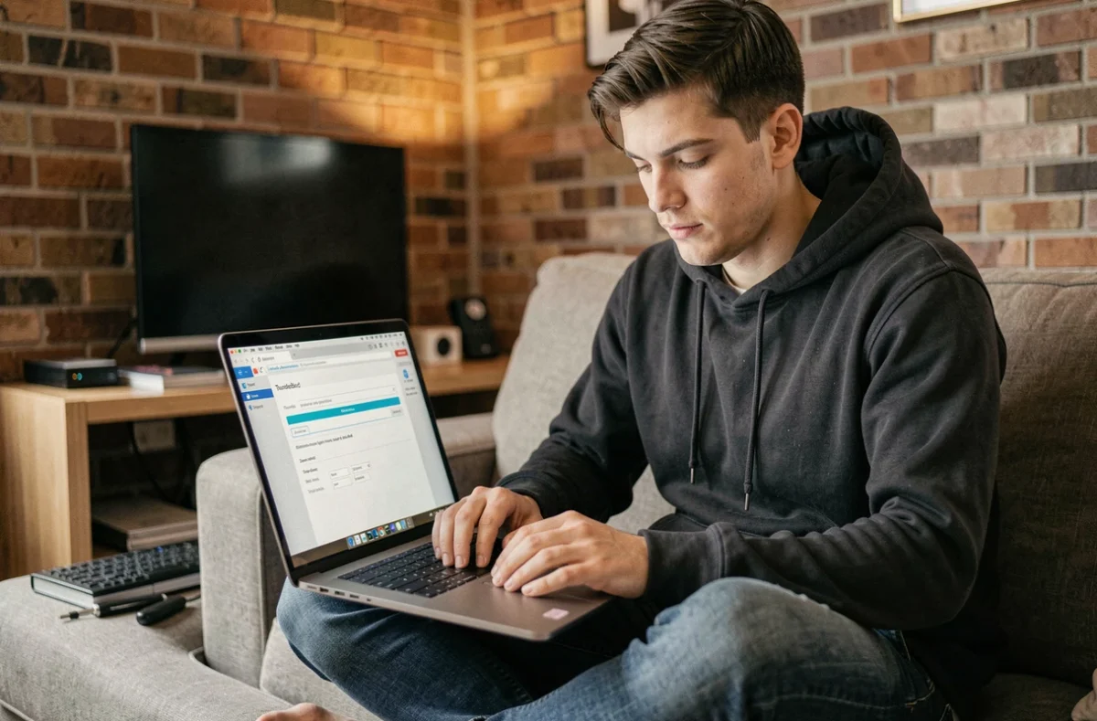 Jeune homme configurant les paramètres IMAP Thunderbird sur son ordinateur portable dans un salon
