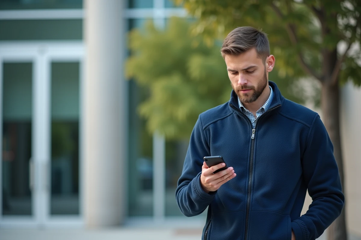 Étudiant consultant les paramètres IMAP de sa messagerie AgroParisTech sur iPhone devant un bâtiment universitaire