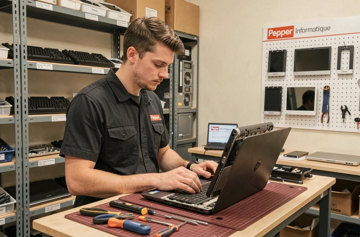 Technicien de Pepper Informatique réparant un ordinateur portable ouvert sur un comptoir d'atelier