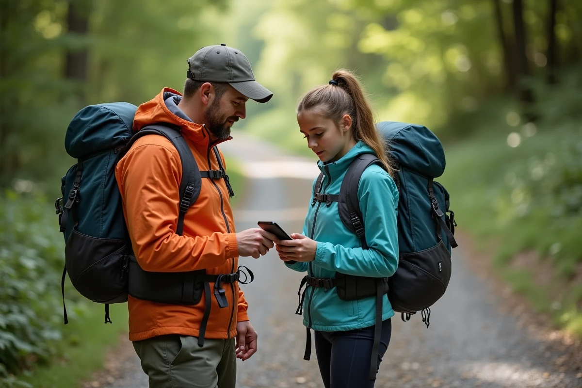 Pere et fille explorant un sentier forestier avec GPS