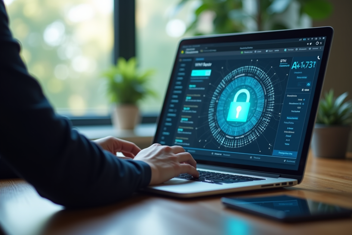 Personne vérifiant la sécurité VPN sur un ordinateur lumineux
