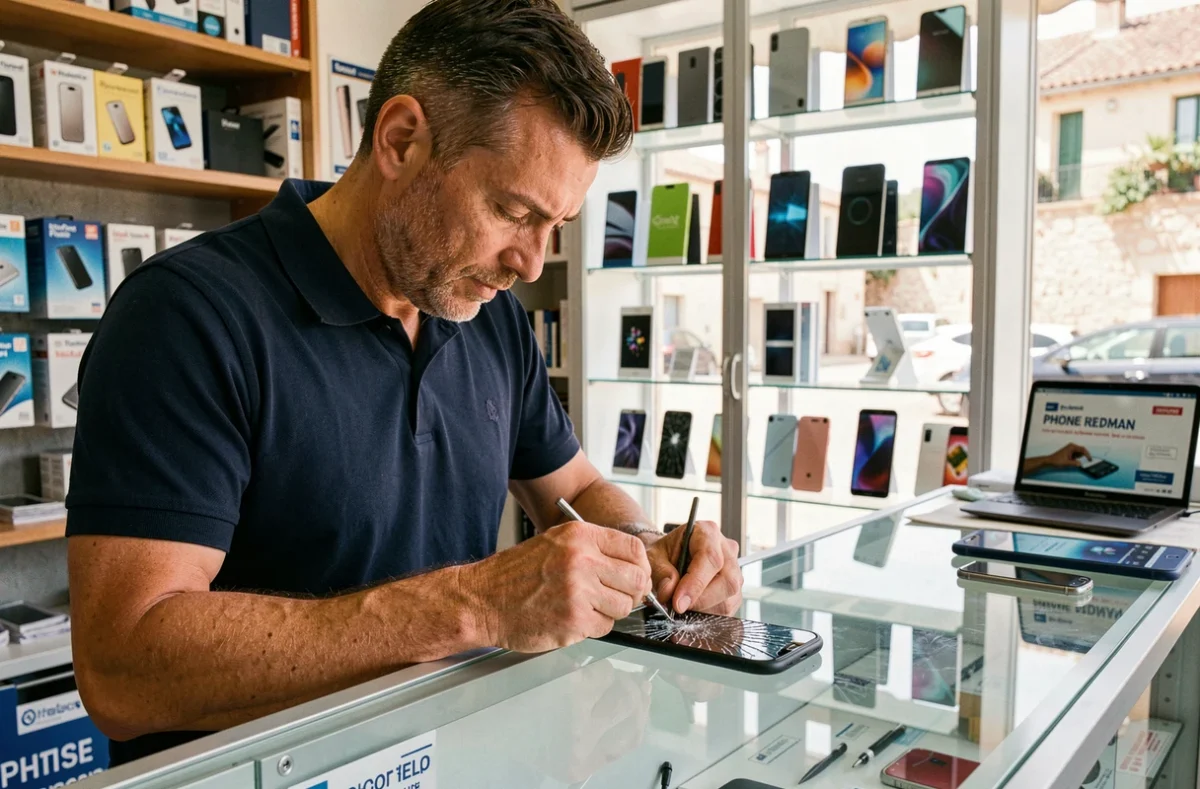 Technicien de Phone Discount aux Sables-d'Olonne remplaçant l'écran d'un téléphone