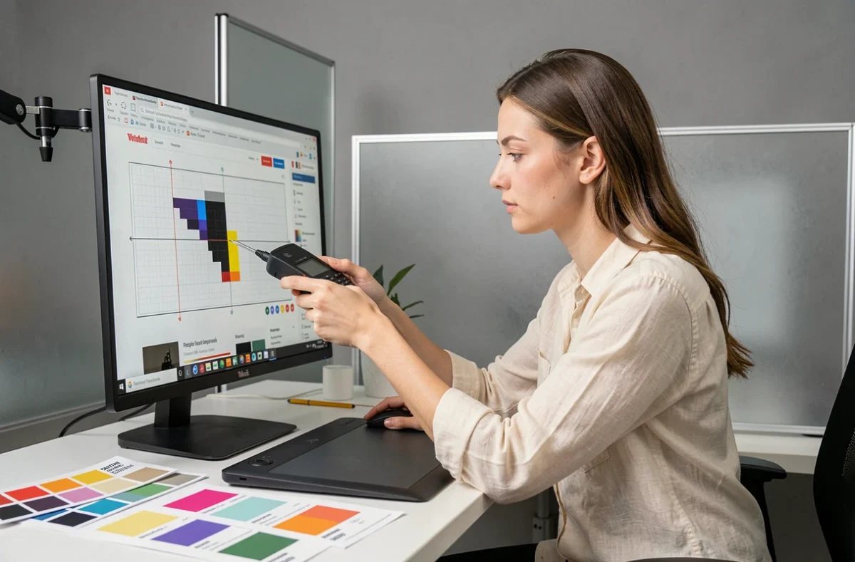 Designer graphique de Pixel Perfect vérifiant l'alignement au pixel près d'une interface WordPress sur un écran calibré