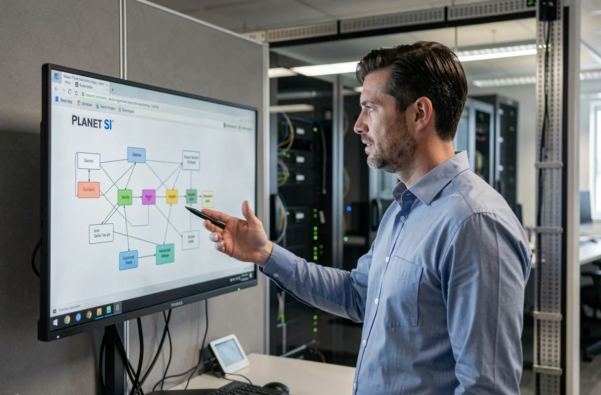 Consultant IT de Planet SI présentant une infrastructure réseau sur un moniteur dans un bureau professionnel