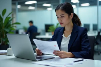 Femme professionnelle analysant des courriers numériques chiffrés sur un protocole sécurisé dans un bureau moderne