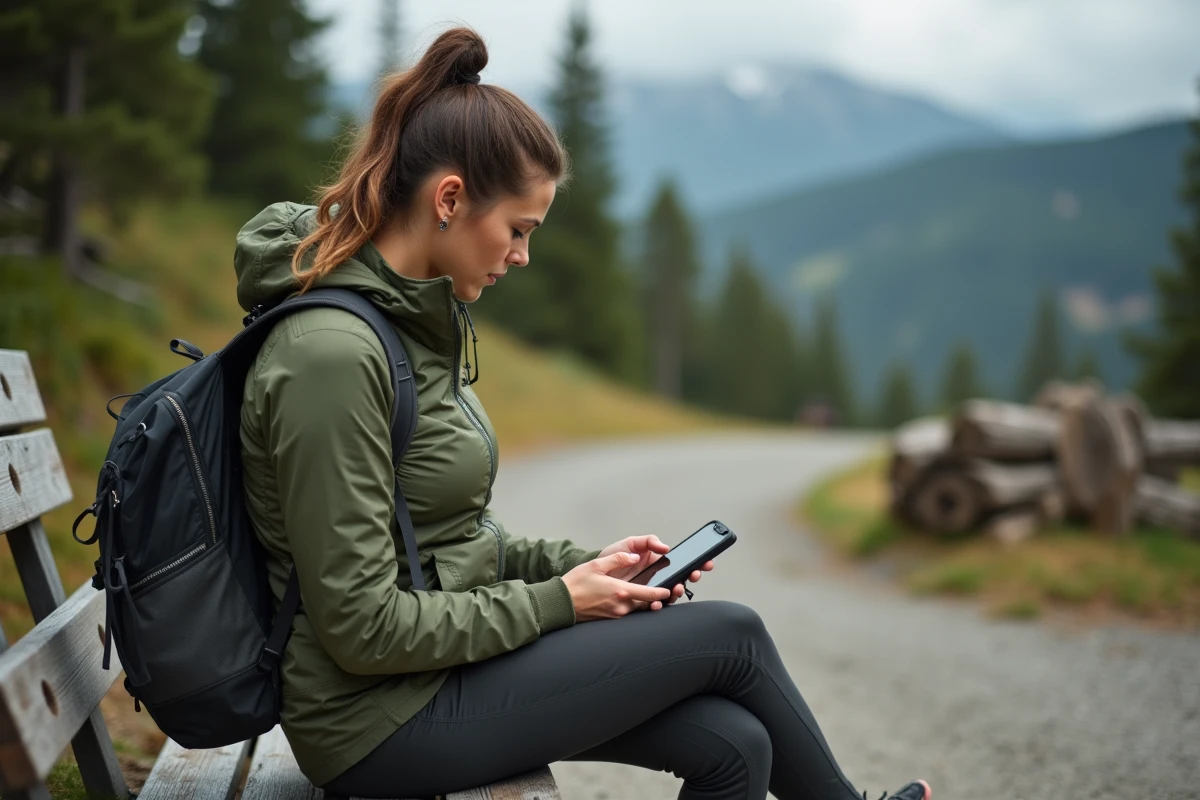 Randonneuse combinant des fichiers GPX sur smartphone et GPS à l'entrée d'un sentier de montagne