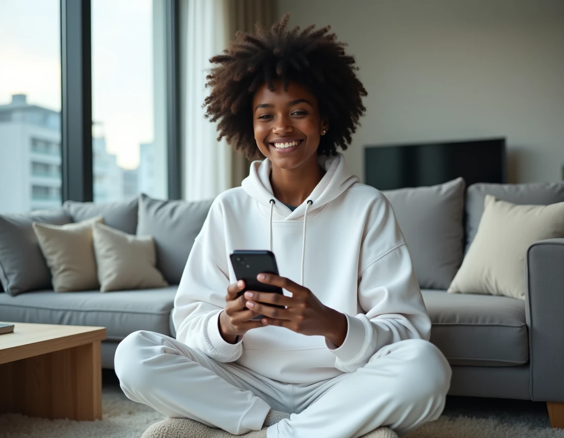 Jeune adulte récupérant un ancien compte Yahoo Mail sur smartphone dans un appartement moderne