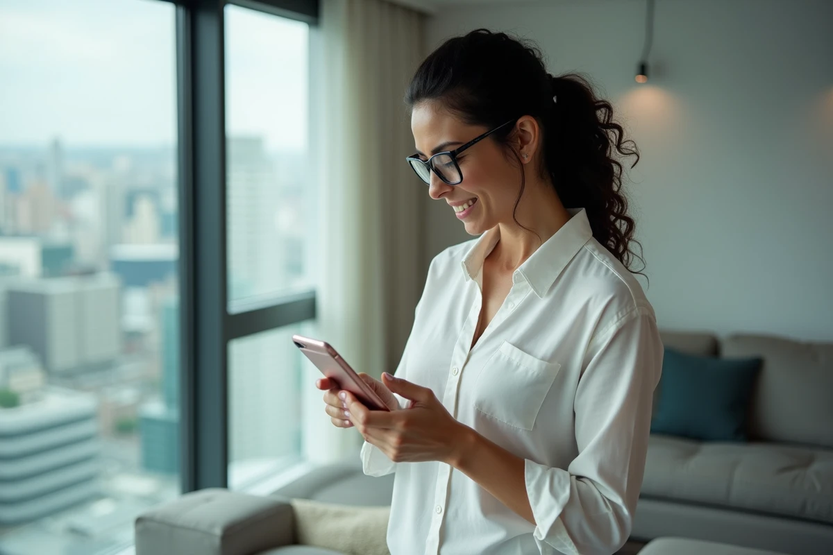 Femme avec lunettes accédant à iCloud sur iPhone pour récupérer des messages supprimés
