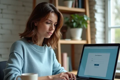 Femme essayant de récupérer un ancien compte email Yahoo sur son ordinateur portable à la maison