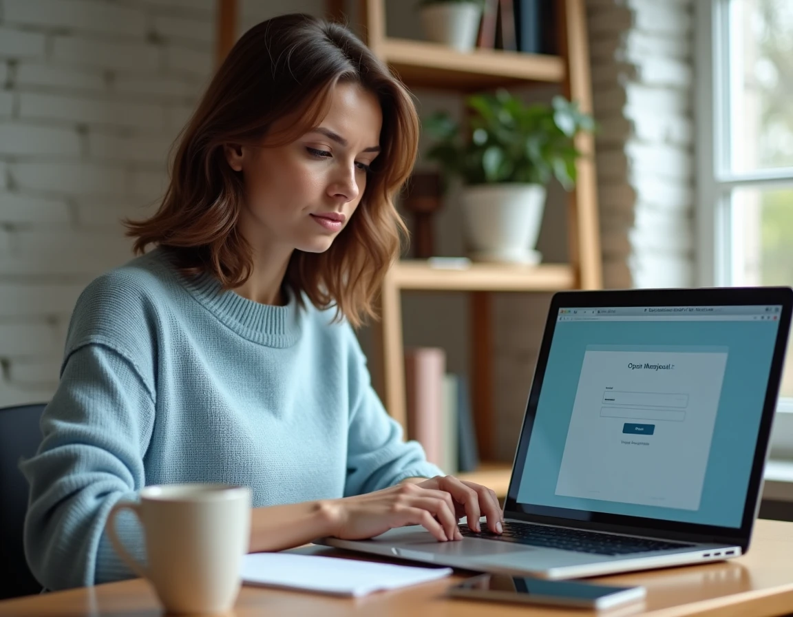 Femme essayant de récupérer un ancien compte email Yahoo sur son ordinateur portable à la maison