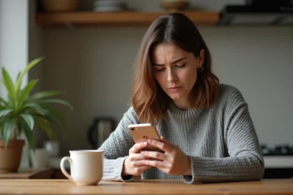Femme inquiète consultant son iPhone à la recherche de SMS supprimés par erreur