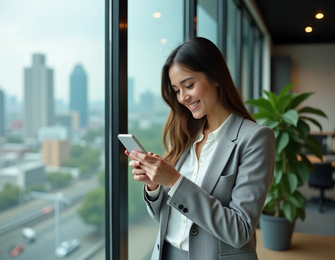 Femme consultant les réglages cachés d'un deuxième compte Instagram sur son téléphone dans un espace de coworking moderne