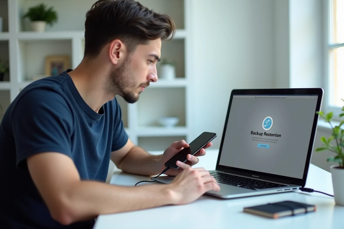 Homme connectant son iPhone à un MacBook pour restaurer des SMS supprimés via sauvegarde