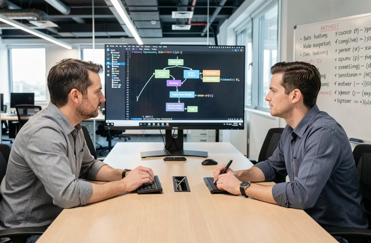 Deux développeurs Python en session de revue de code devant un écran affichant la structure d'un module Python dans une salle de réunion moderne