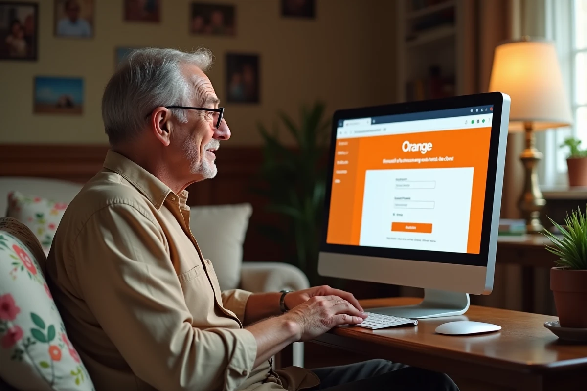 Senior créant pas à pas sa boîte mail Orange sur ordinateur de bureau dans un salon