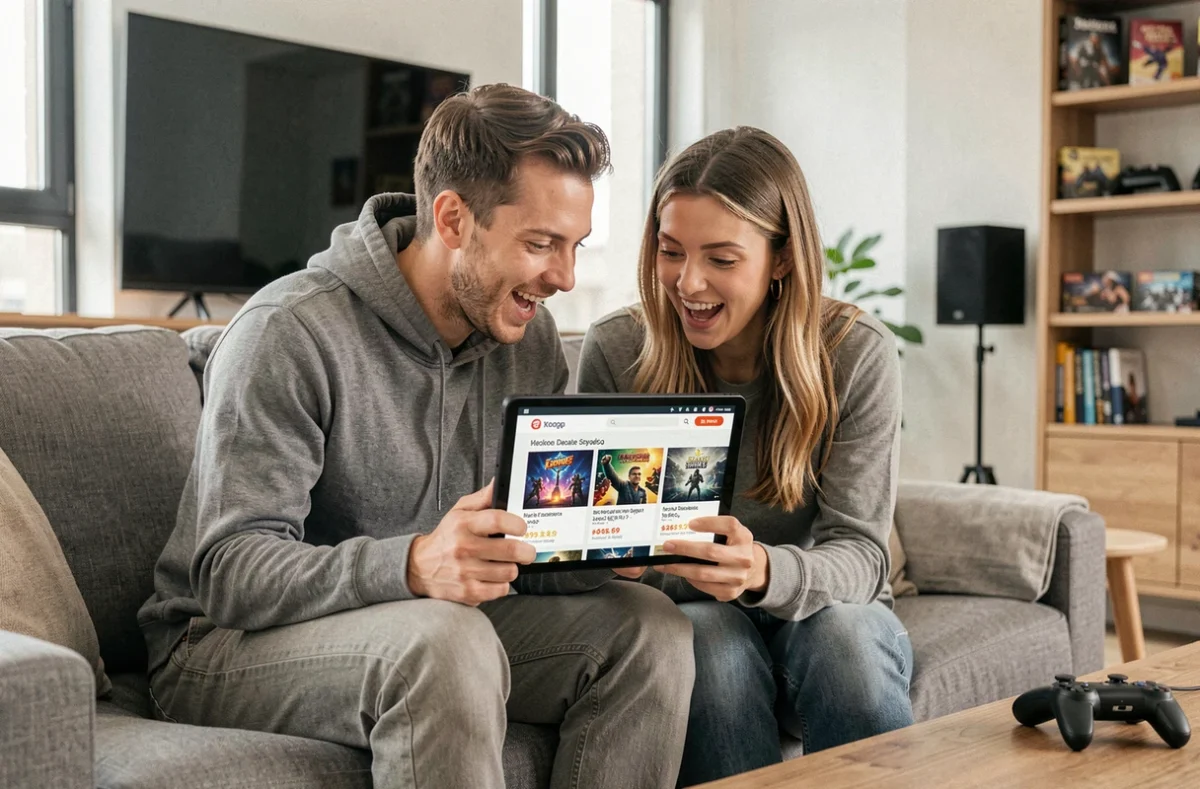 Deux amis découvrant ensemble des sites alternatifs à Instant Gaming pour acheter des jeux vidéo à prix réduit