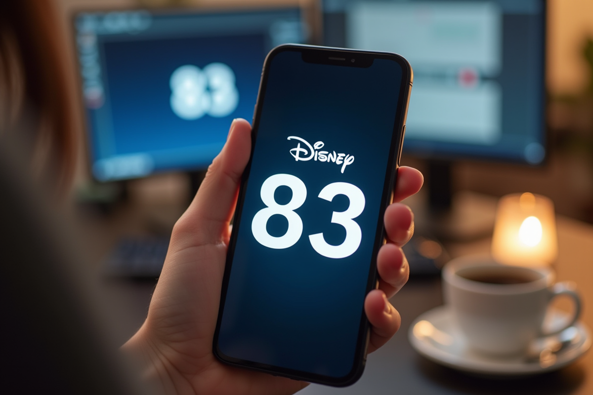 Premier plan d’un smartphone avec erreur Disney+ 83 dans un espace de travail lumineux
