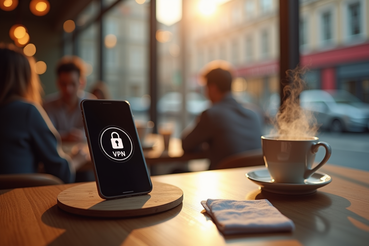 Smartphone avec VPN actif dans un café avec vapeur et lumière naturelle