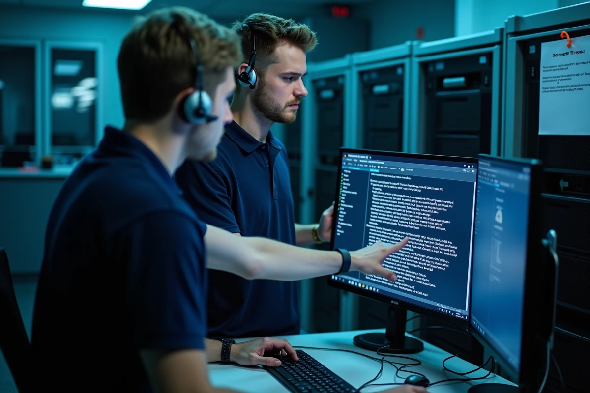 Technicien informatique aidant un collègue à résoudre un problème d'accès à la messagerie INRAE sur un poste de travail professionnel