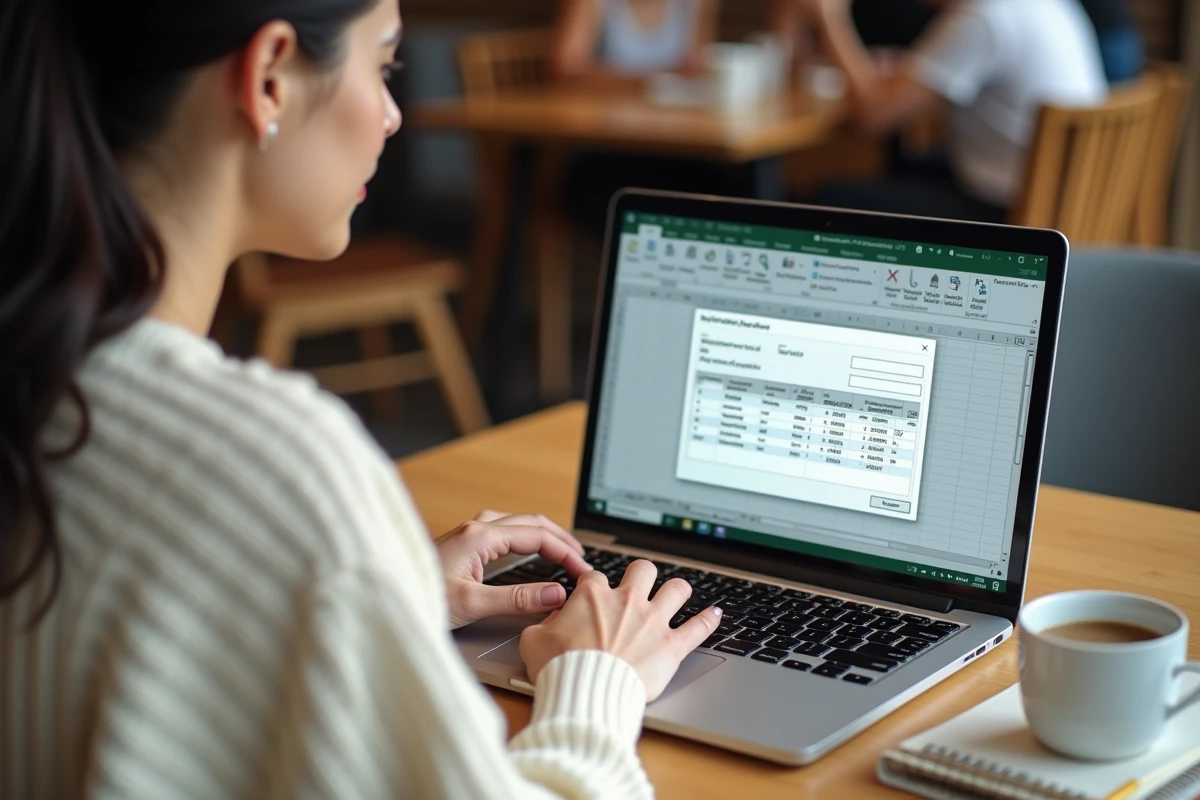 Vue par-dessus l'épaule d'une femme utilisant la fonction de suppression des doublons dans Excel sur un ordinateur portable dans un café