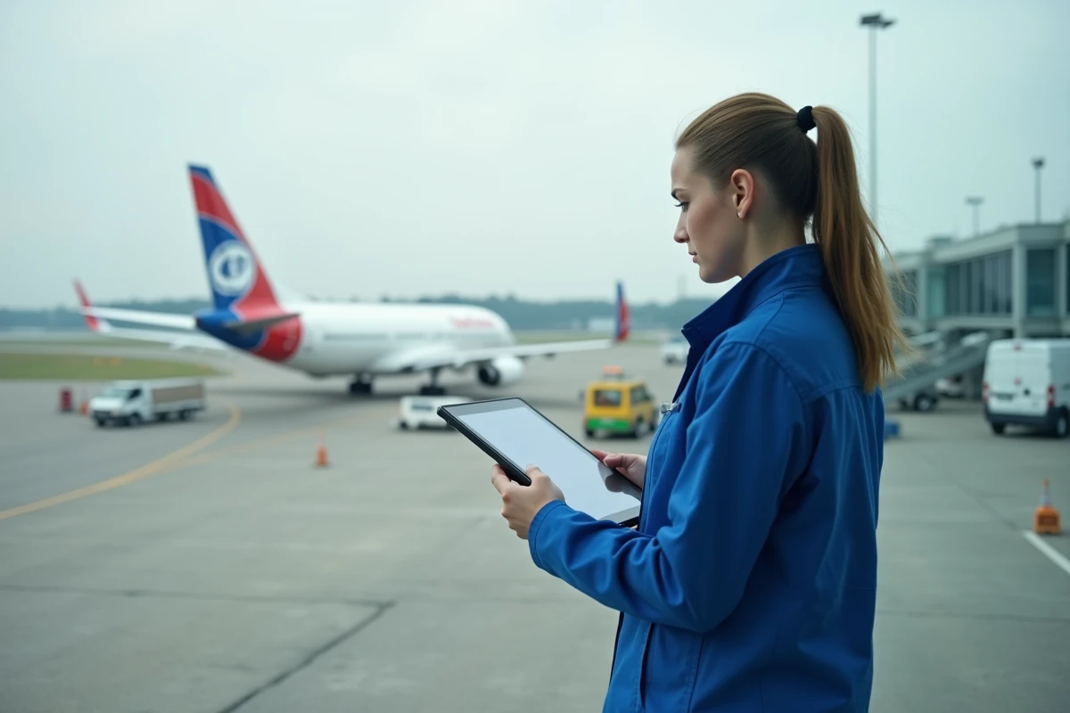 Jeune technicienne au sol avec tablette sur piste d